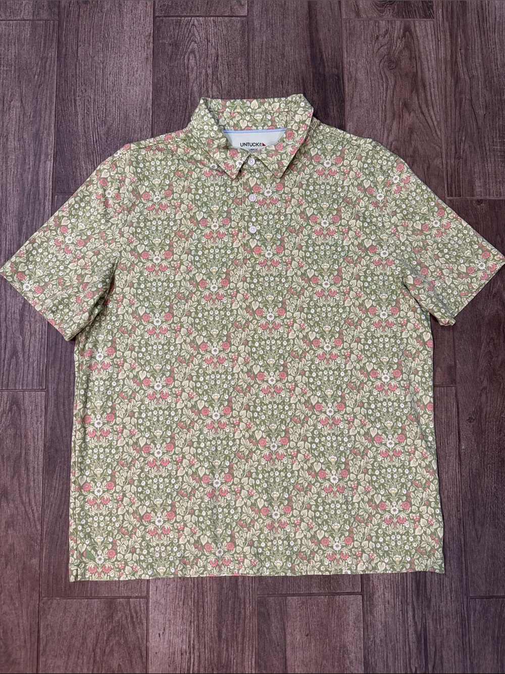 UNTUCKit Morris Green Floral Print Polo Shirt Mens Large Regular Fit Preppy Golf